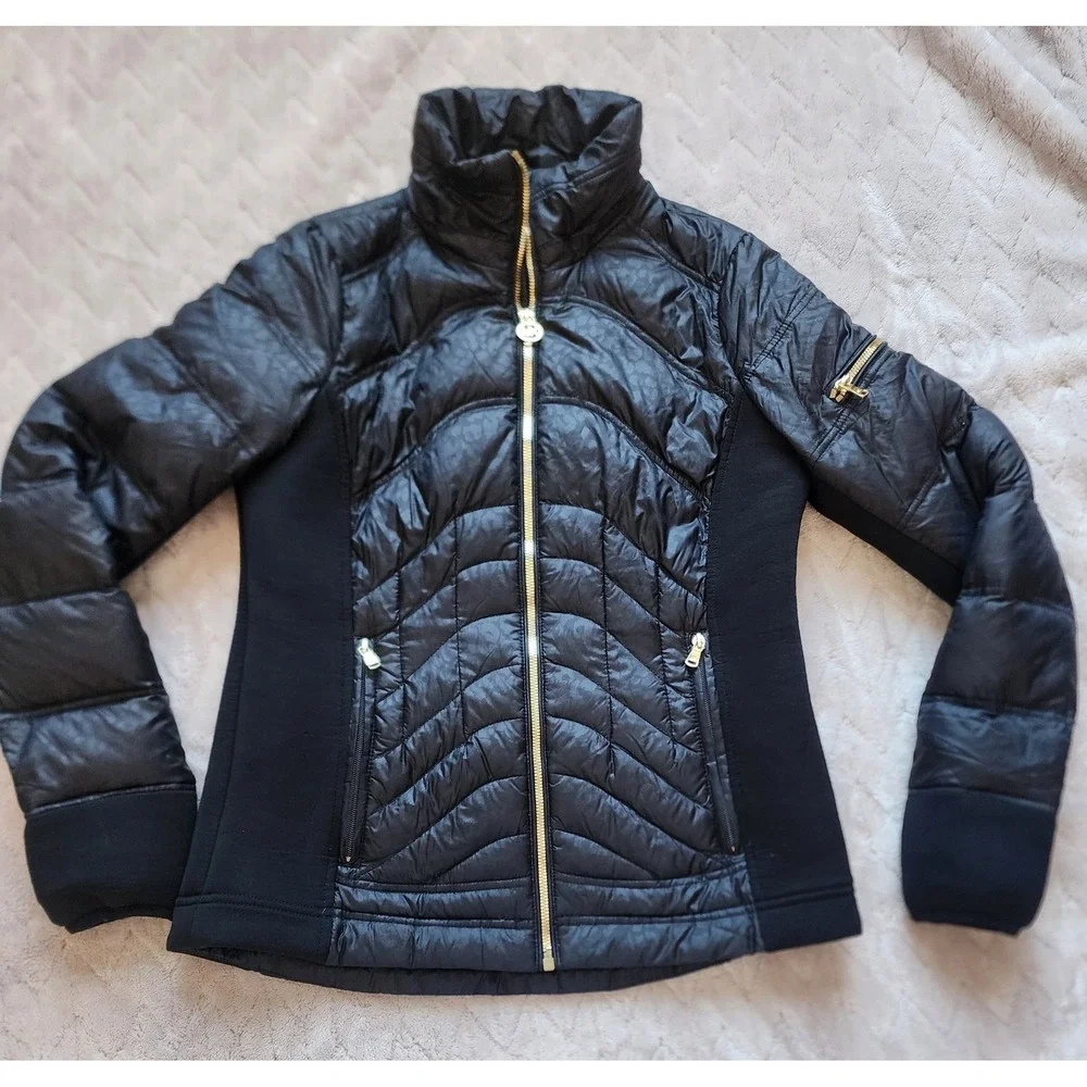 Michael Kors Black Lightweight Puffer Coat Leopard Print Gold Hardware Small